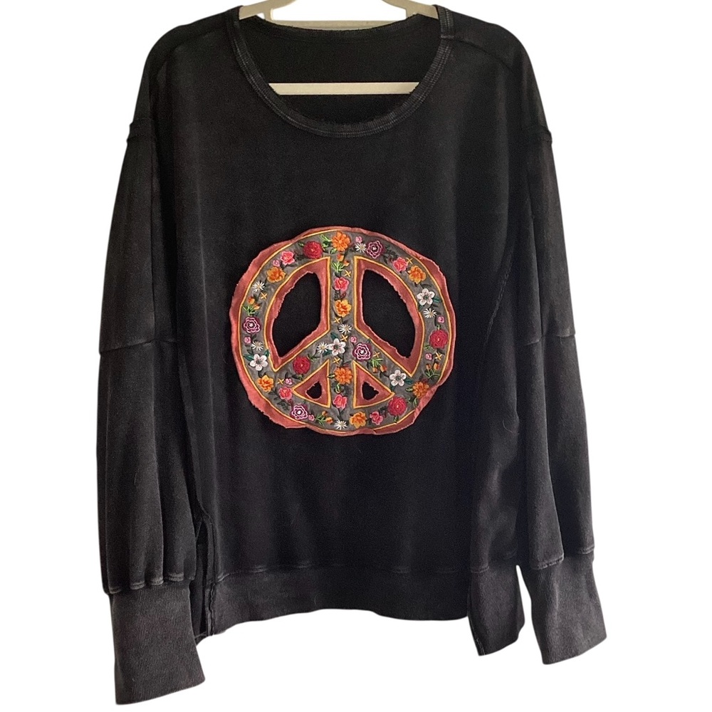 Oversized Black Split Hem Sweatshirt Crew Neck Long Sleeve Women's Sz L Top New!